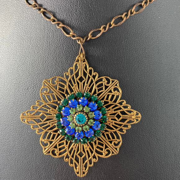 VTG Liz Palacios Filigree Floral Pendant Necklace Blue Green Swarovski Crystals - Picture 1 of 5